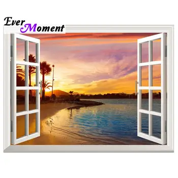 

Ever Moment Full Square Diamond Art Painting Outside Window Scenery Dusk Beach Space Expansion Mosaic DIY Craft Gift 5L039