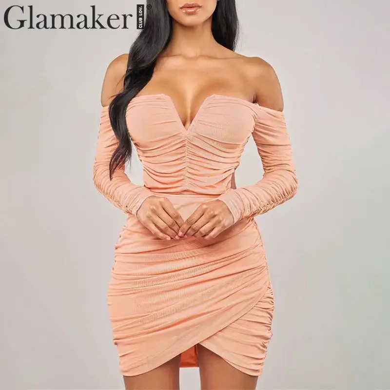 

Glamaker Pleated off shoulder high waist dress Women long sleeve bodycon pink short dress Summer sexy elegant party dress new