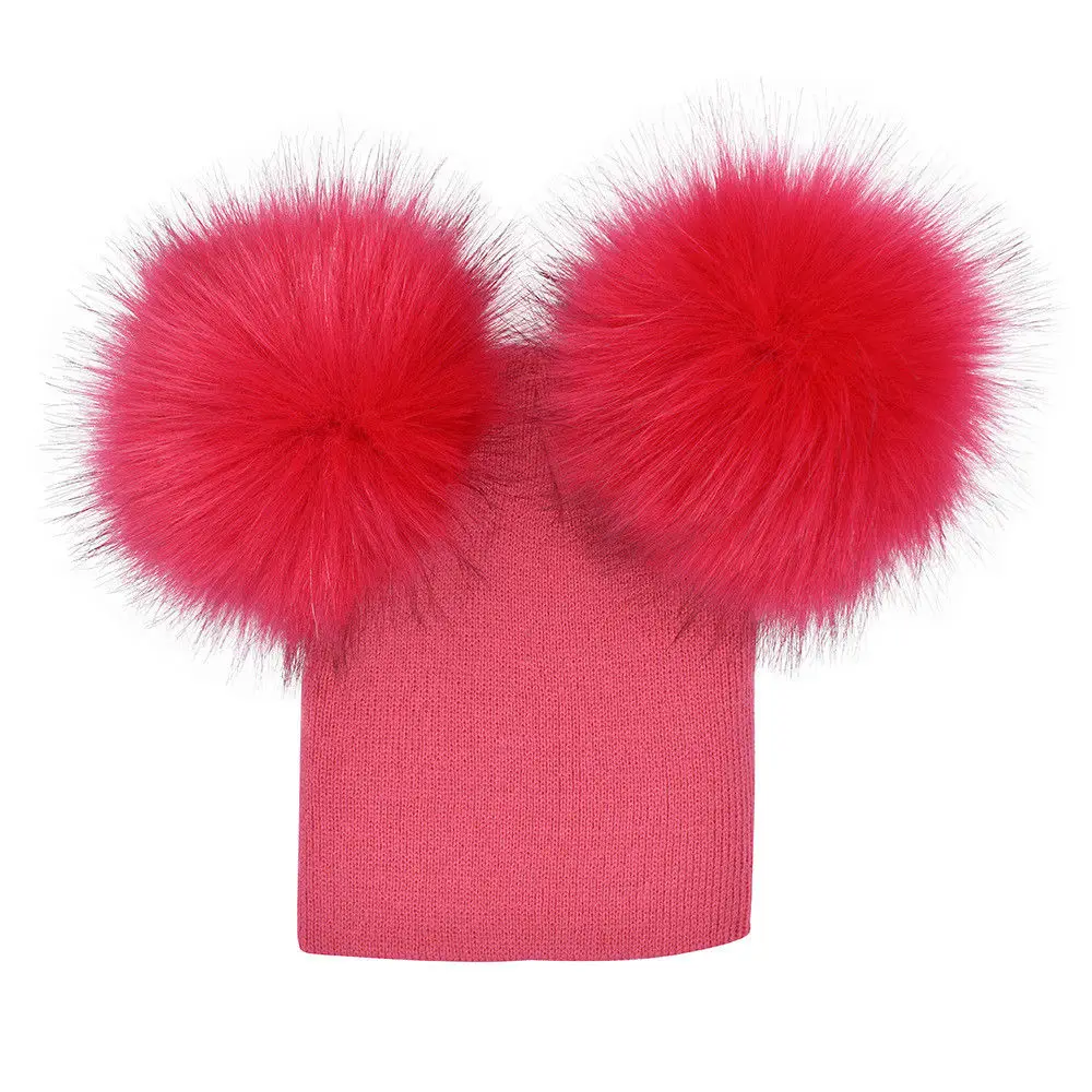 Милая детская зимняя шапка, вязаные теплые шапки с двойным мехом, шапки с помпонами, шапки с помпоном для мальчиков и девочек, детская прочная чашка Bonnet Gorro - Цвет: Розово-красный