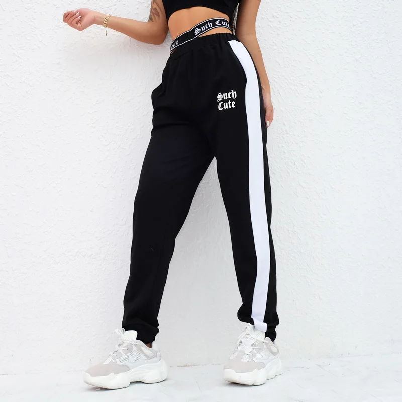 

Autumn Women's Casual Baggy Black Pants Sweatpants Joggers Patchwork Striped Sweat Pants Print High Waist Trousers Streetwear