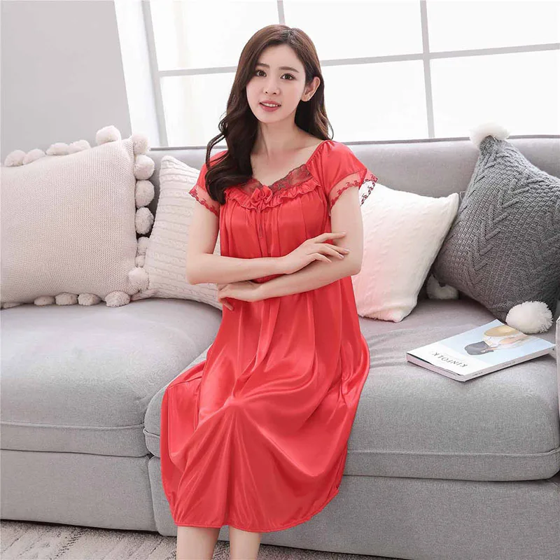 

2019 Women New Casual Summer Short Sleeve Faux Ice Silk Loose Solid Sleepwear Nightwear Nightdress Dress Nightgown