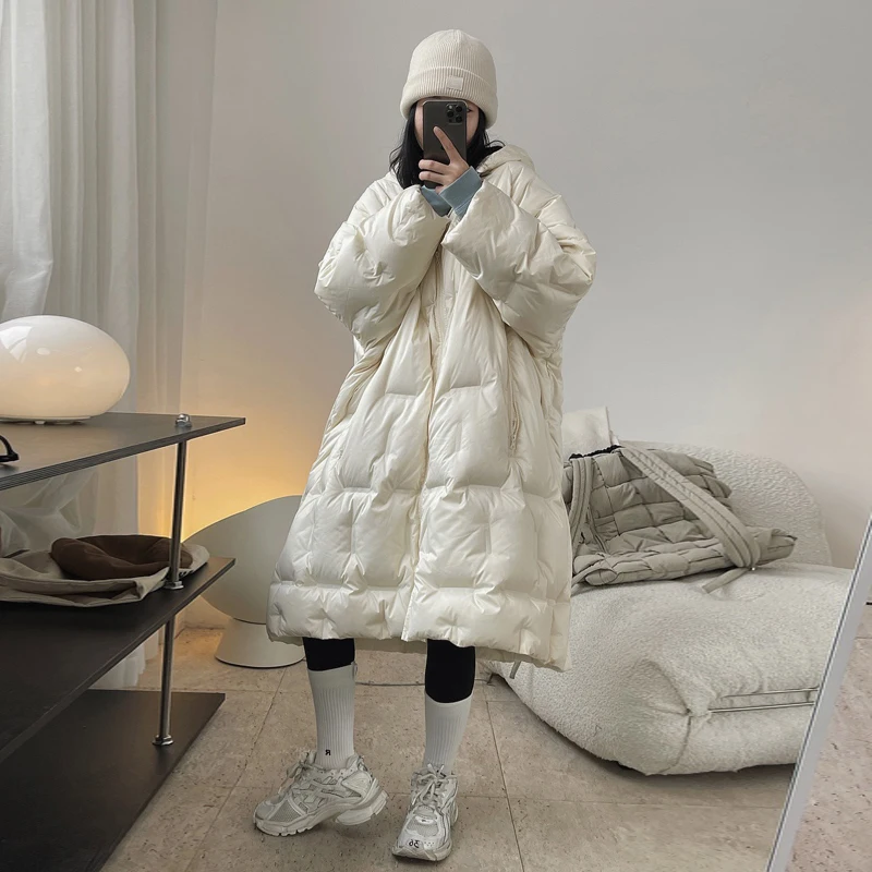 Luxury White Long women's winter jackets Newest Fashion Oversized Hooded Female Down coat Ladies feathers Outwear INKEO 1O436