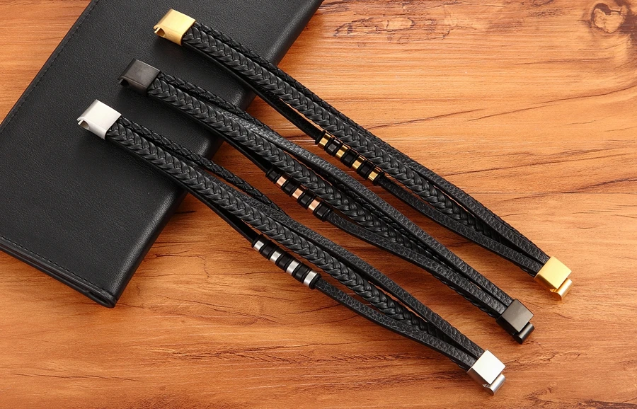 XQNI Klassisches mehrschichtiges Luxus-Stil-Edelstahl-Herren-Lederarmband, handgewebt, anpassbar, DIY-Qualität, Drop Shipping – Detail 7