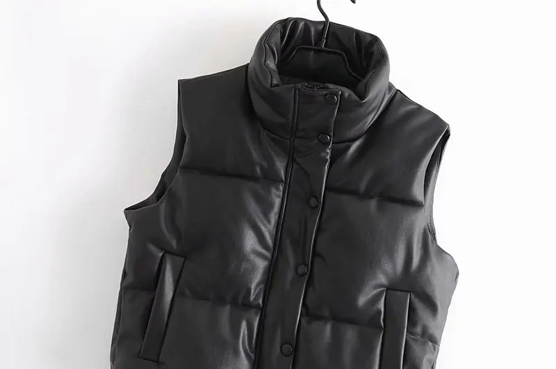 Womens Puffy Vest Down Vest Black Pu Leather Vest Woman Jacket Coat Autumn Winter Outwear Puffer Vest Female  Sleeveless Jacket women's puffer jacket