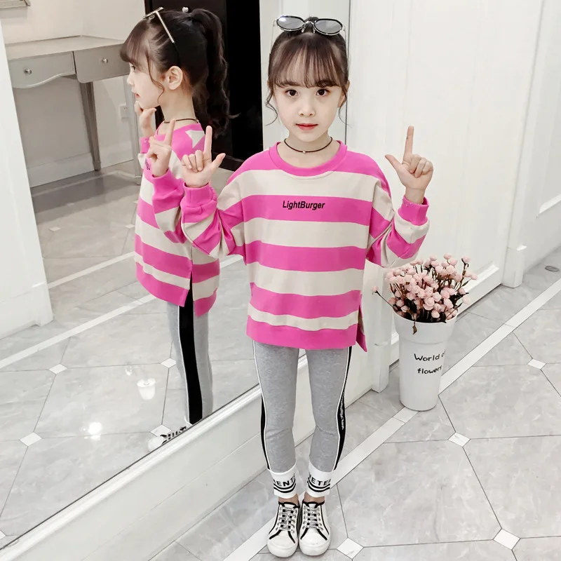 

2020 Autumn Childrenswear New Style Big Virgin Girls Autumn Clothing Set-Style Slit Stripes Hoodie Two-Piece Set