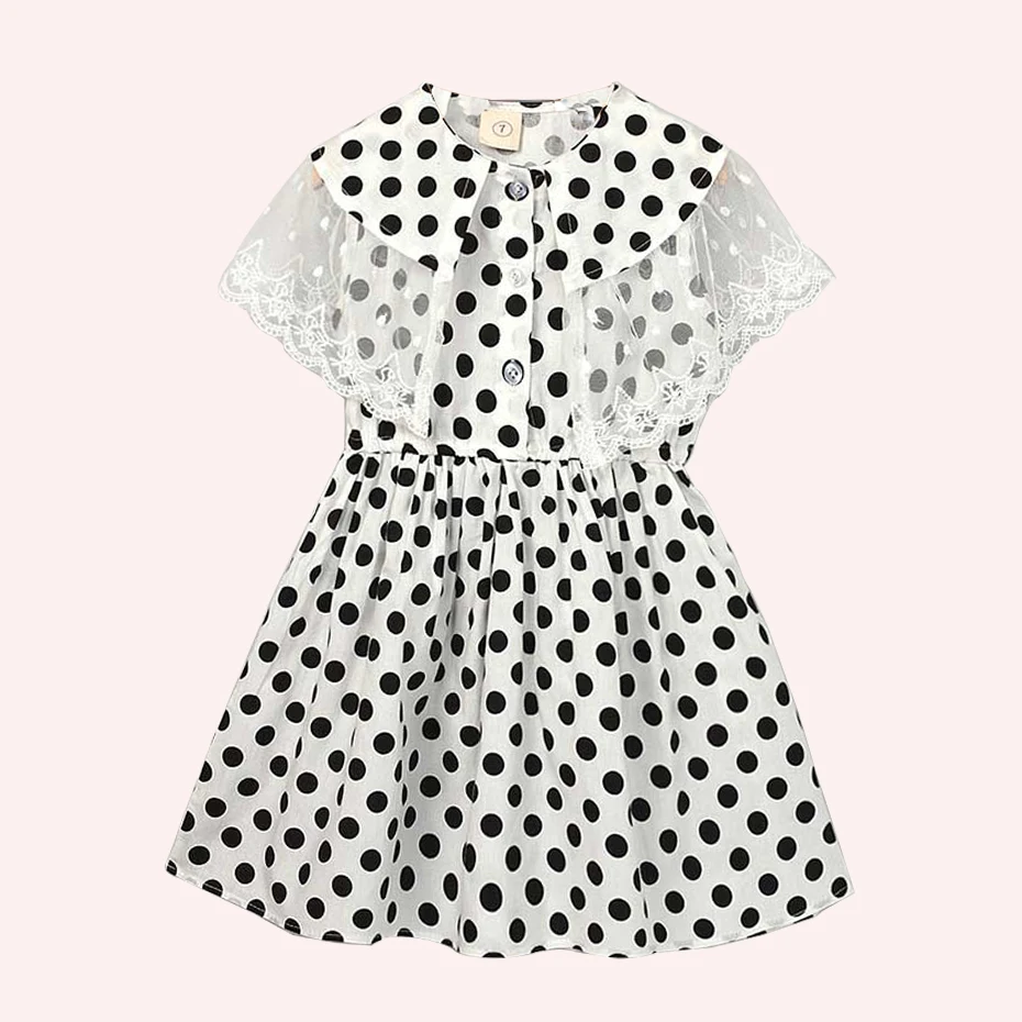 Летнее платье для девочек, праздничное платье в горошек для девочек кружевные Детские платья с отложным воротником для девочек, милая детская одежда для девочек