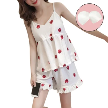 

Summer Women V-Neck Suspender Pajamas Sets Sexy Sleeveless Strawberry Printed Shorts Homewear