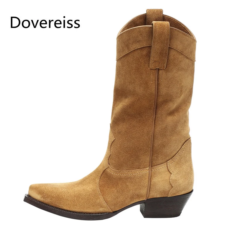 

Dovereiss Fashion Women's Shoes Winter new Pointed Toe yellow-brown Slip on Elegant Chunky heels Half boots Concise Mature 33-48