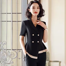 Black Formal Skirt Suits Women Business Work Jacket  Set Fashion Blazer Office Lady OL Female Clothing Short Sleeve 2 Piece Set