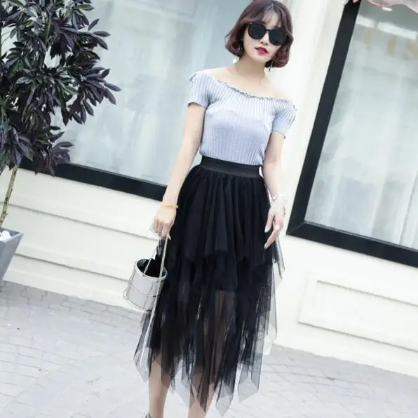 Chiffon 2019 Women's Skirt Mesh Solid Color Bouffant Puffy Skirts Irregular Sexy Saia Pleated Black Jupe Longue DV692 | Женская