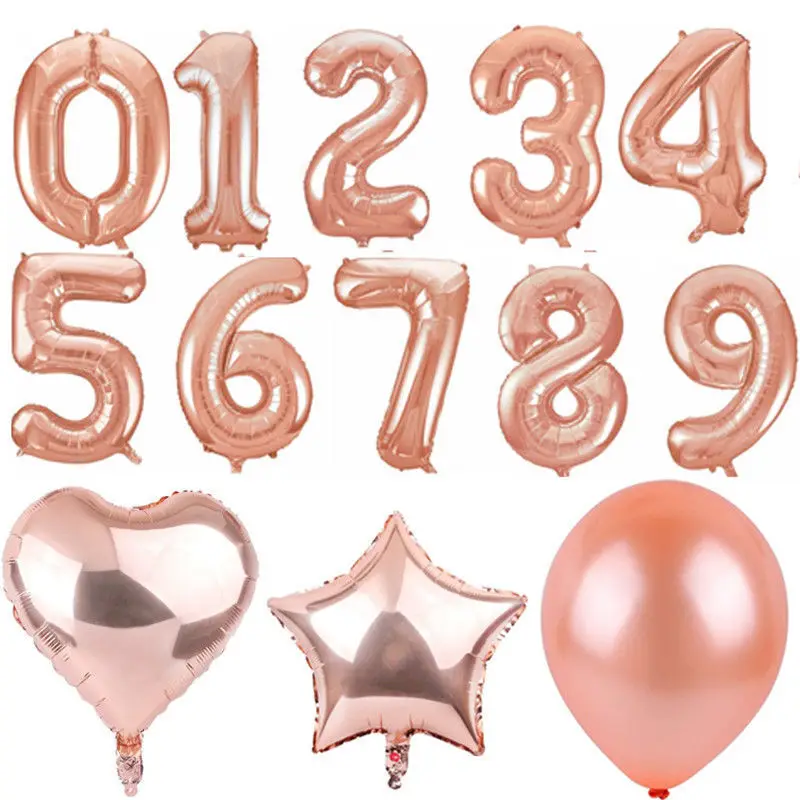 Набор воздушных шаров с цифрами и сердечками из розового золота вечерние