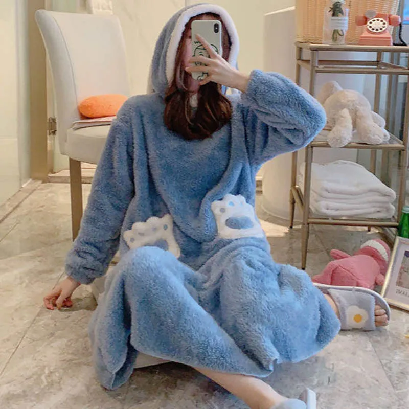 Warm Winter Women Nightgown Cute Animal Cartoon Nightdress Thickening Hooded Home Wear Clothes Velvet Sleep Lounge Night Dress