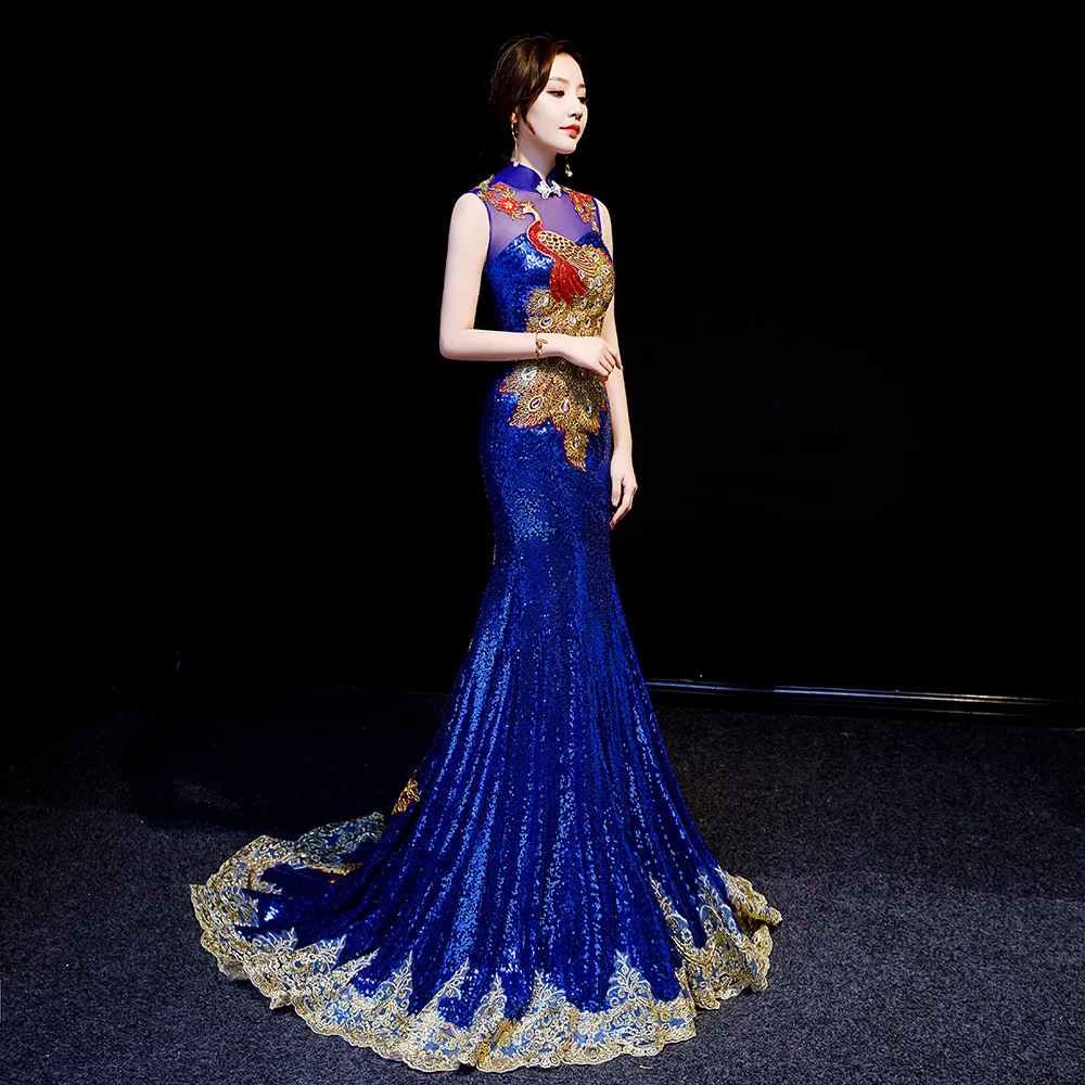 Павлин вышивка китайский стиль длинный шлейф Cheongsam сексуальные тонкие вечерние платья сценическая танцевальная одежда Qipao Vestidos
