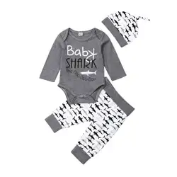 Осенняя одежда для новорожденных комплекты для маленьких мальчиков с изображением акулы боди с длинными рукавами и надписью длинные штаны