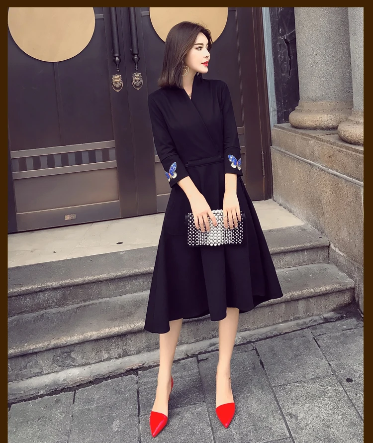 Dress Winter Korean-style New Style Fashion Long Sleeve WOMEN'S Dress V-neck Slim Fit Big Skirt