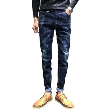 

Free shipping 2019 men's autumn new jeans student pants stretch feet white jeans classic youth trousers