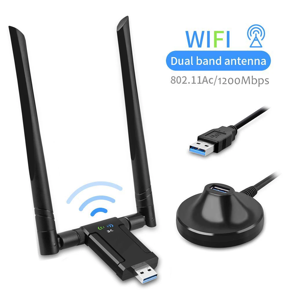 with base 1200 Мбит/с Беспроводная USB Сетевая карта USB3.0 Двухдиапазонная 2,4G& 5,8G Wifi приемник и беспроводной адаптер для ПК с 2 антеннами - Цвет: with base