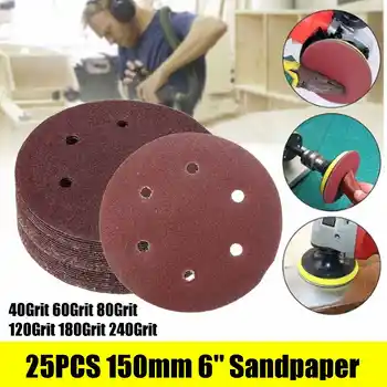 

25pcs 6 Inch 150mm Round Sandpaper 6 Hole Disk Sand Sheets Grit 40 60 80 120 180 240 Ho and Loop Sanding Disc Polish