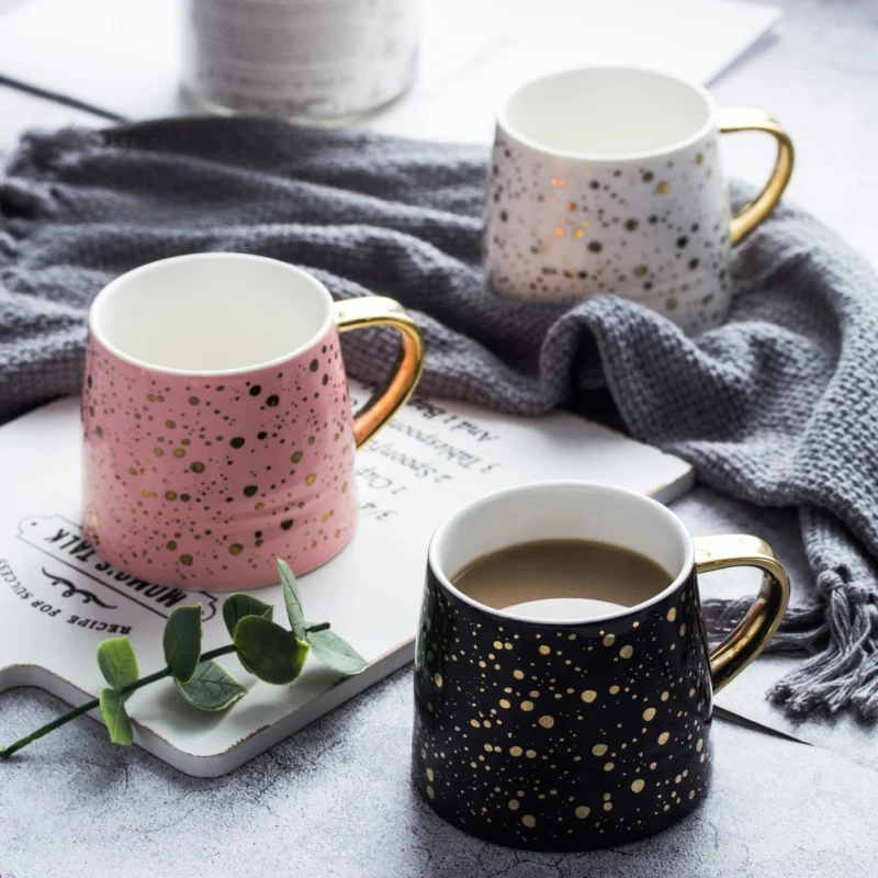 Office Home Cup Ceramic Coffee& Water Mug with Handle, Gold Dots Decoration