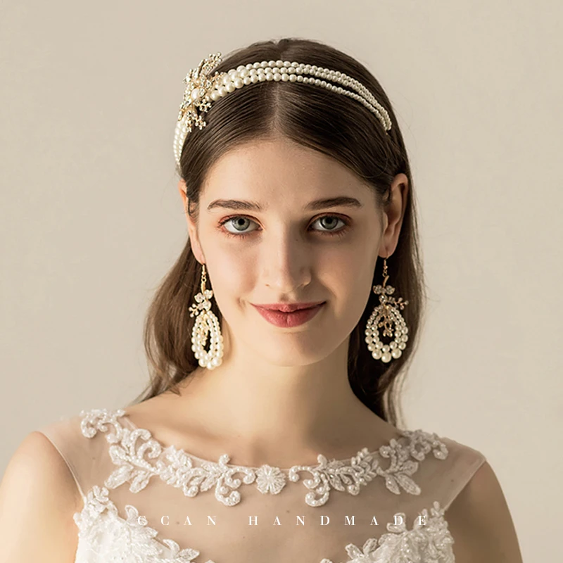 

High Quality Pearls Brides Headband with Earring Bridal Tiaras Set Wedding Hair Accessory Gift For Woman Prom Headdress