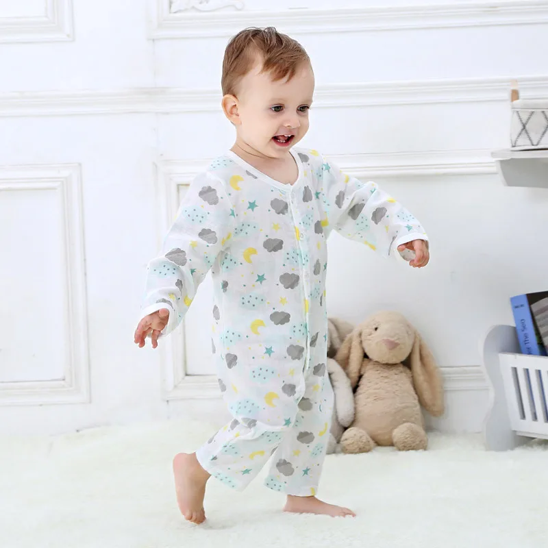 

2019 Spring New Style Baby Products Long Sleeve Gauze Colored Cotton Open Crotch Onesie Multi-color Cartoon Crew Neck Romper