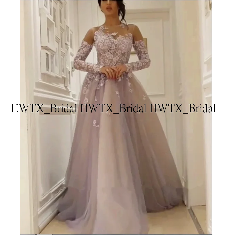 HWTX_Bridal, Саудовская Аравия, вечернее платье,, сиреневое, длинный рукав, кружево, тюль, а-силуэт, длинное платье для выпускного вечера, Vestidos de fiesta de noche