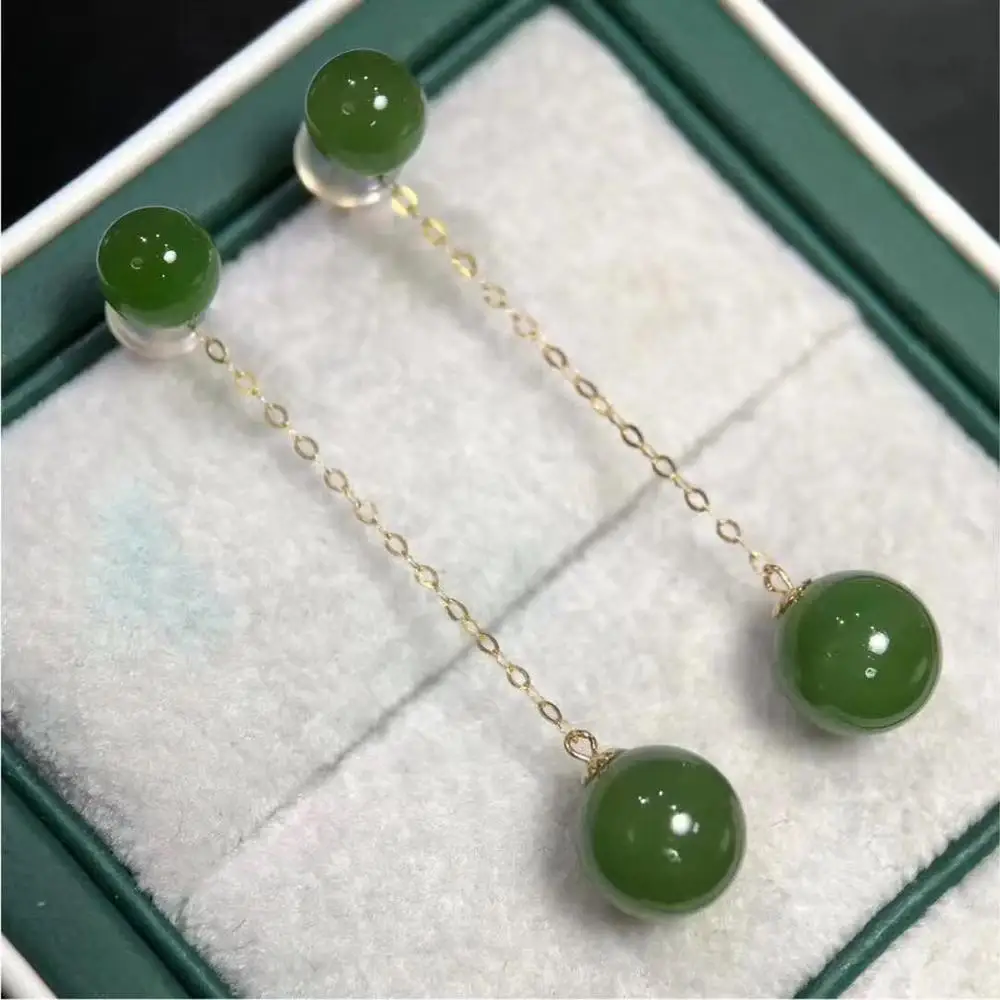 D914 Fine Jewelry 18K Gold 6-7mm 9mm Nature Green Jasper Drop Earrings for Women | Украшения и аксессуары