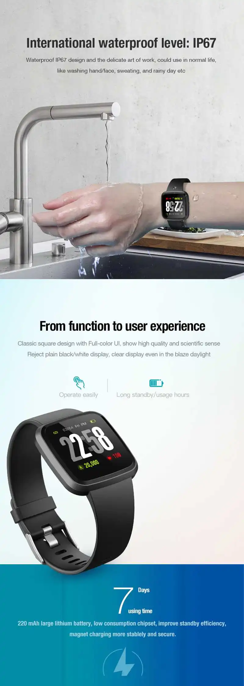 HD TFT Полный сенсорный экран IP67 водонепроницаемый смарт-часы пульсометр кровяное давление фитнес контроль сна трекер умный Браслет