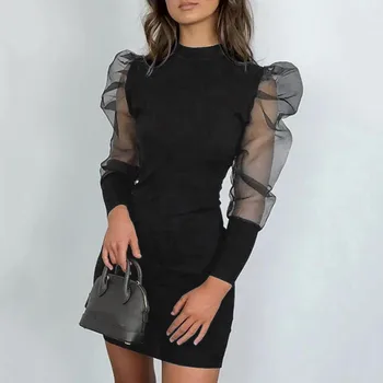 

dress women dress Fashion O-Neck Lantern Sleeve Perspective Mesh Sleeve Casual Mini Dress платье платье женское Free Shipping D4