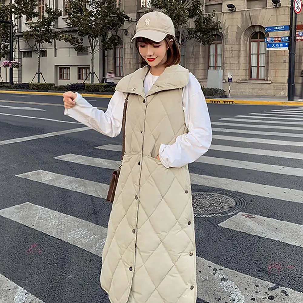 Vielleicht New Winter Long Vest Women Fashion Turn-down Collar Pockets For Female Casual Solid Cotton Padded Waistcoat - Цвет: Бежевый
