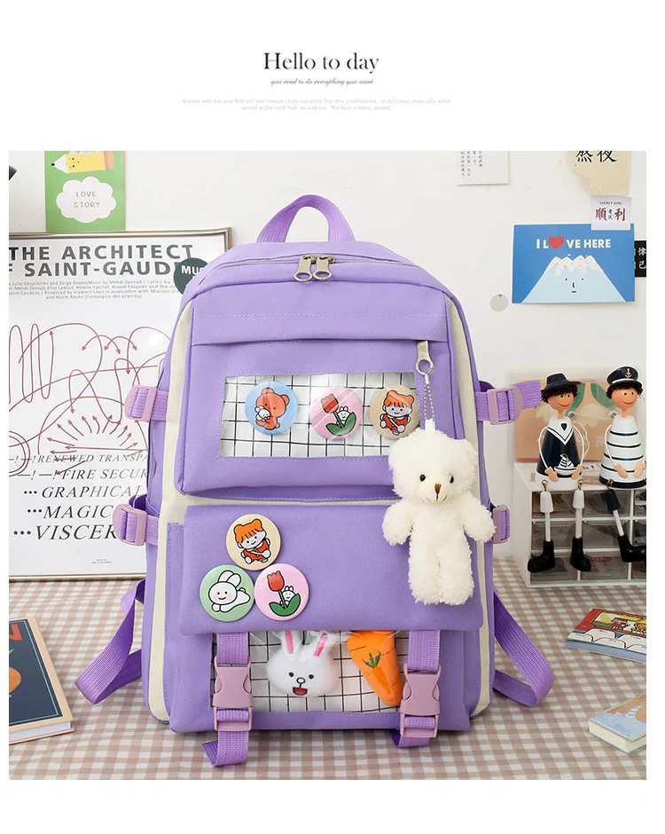 2021 New 4 Pcs Set Kawaii Women's Backpack Purple Colours Cute Canvas School Bags for Teenage Girls College Student Kids BookBag