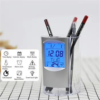 

New ABS Multi-Functions Digital Desk Pen/Pencil Holder Display LCD Alarm Clock Thermometer & Calendar Home Decor Office School