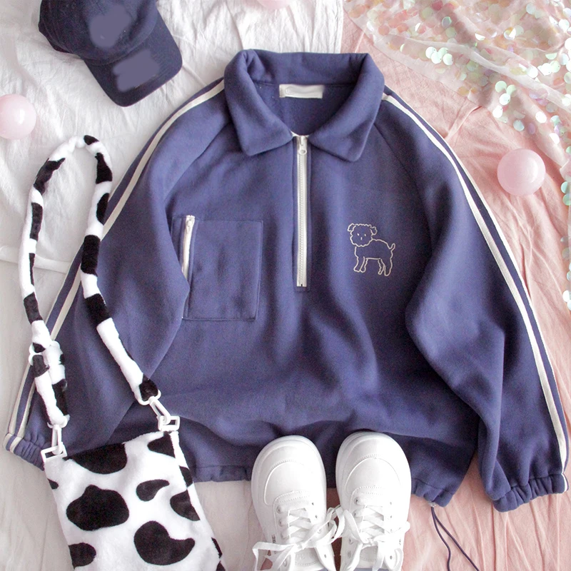 

Autumn Plus velvet Hoodie Teenage girl Turn down collar Loose Student Harajuku Retro College Style Cute Soft sister Sweatshirt