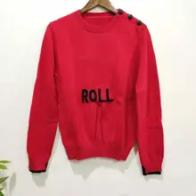 ^^Best Offers Women's Knitted Sweater Embroidery Letter Long Sleeve O-neck Red Pullover Tops with Button Decoration 2019 New ^^Best Offers Women's Knitted Sweater Embroidery Letter Long Sleeve O-neck Red Pullover Tops with Button Decoration 2019 New