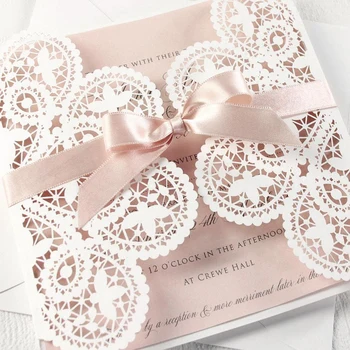 

(100 pieces/lot) Personalized Print White Lace Rose Gold Bowknot Wedding Card Floral DIY Birthday Baptism Party Invitation IC134