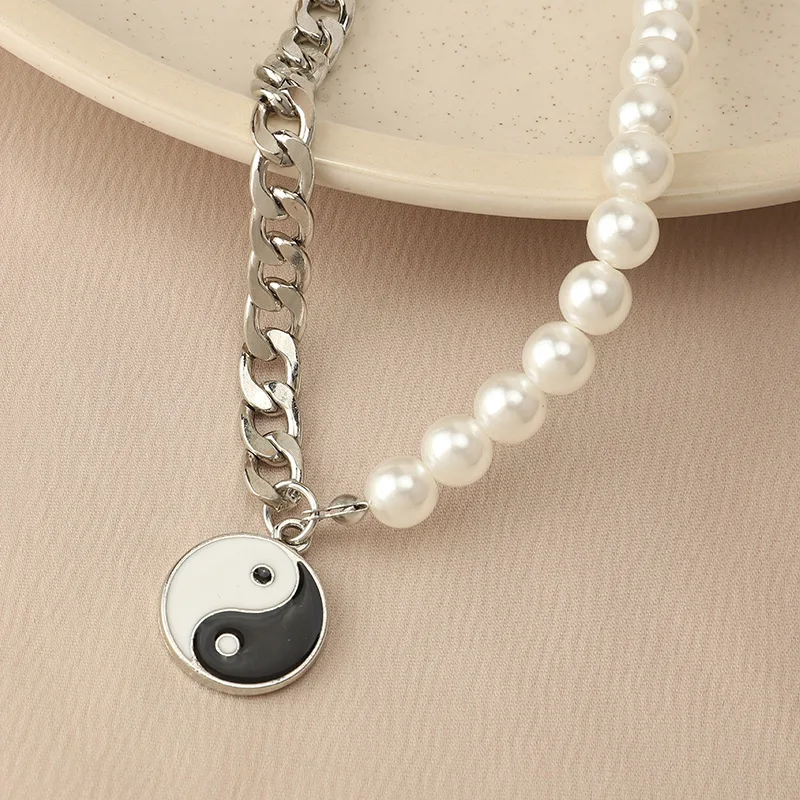 Trendy Hiphop/Rock Geometric Necklaces Womens Pearl Tai Chi Yin and Yang Gossip Alloy Pendant Jewelry for Party | Украшения и