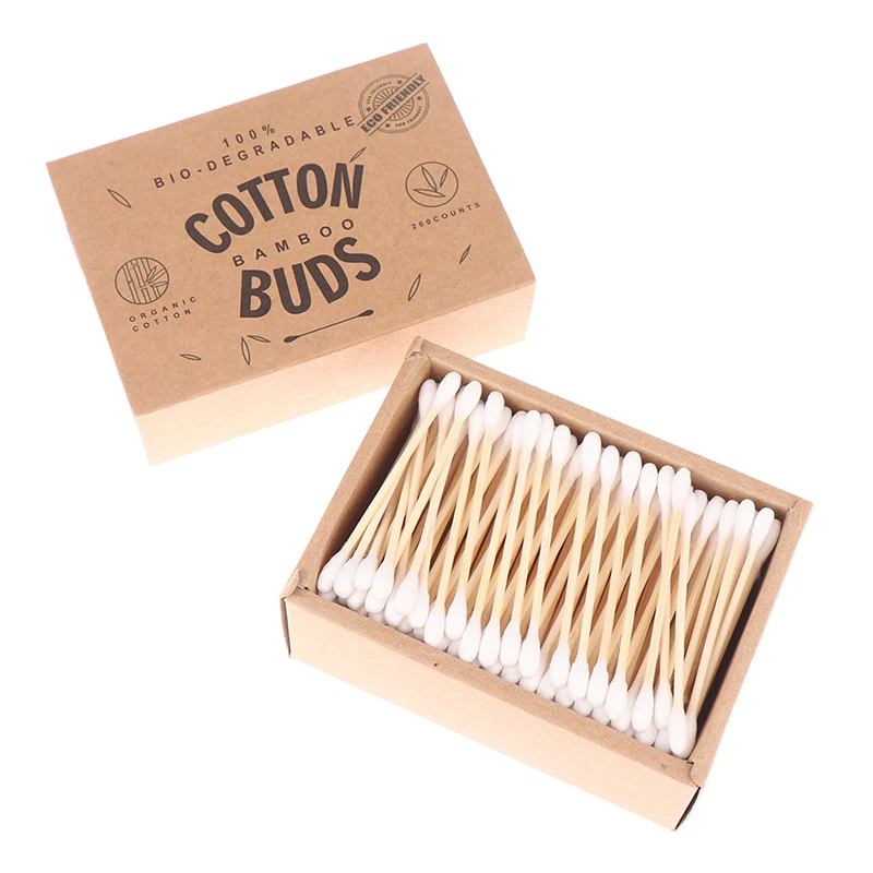 200pc/Box Disposable Double Head Cotton Swabs Natural Bamboo Double Tipped Cotton Wood Sticks Ear Sticks Nose Ears Cleaning Tool