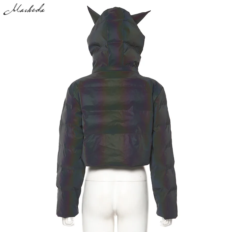 Macheda светоотражающий осенне-зимний женский обрезанный свитер куртка модная повседневная женская уличная одежда с капюшоном топы Новинка