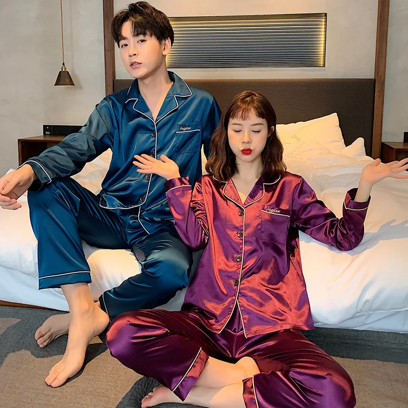 

Pajamas Women's Spring And Autumn Viscose Cardigan Fold-down Collar Model Silk Long Sleeve Couples Men And Women Homewear Set Be