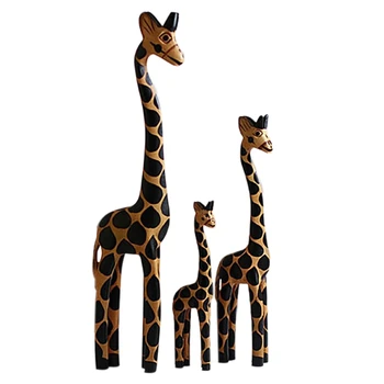 

3Pcs Wood Carving Handicraft Creative Home Furnishing Articles Giraffe Wooden Giraffe Furnishing Articles Decorations