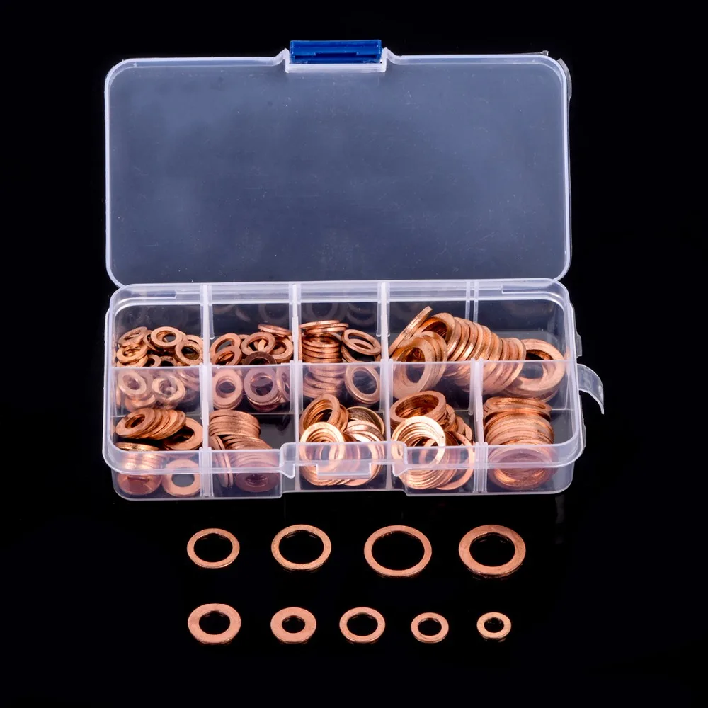 

200pcs Copper Washer Set Assortment Flat Ring Seal Copper Gasket Kit Set with Box M5-M14 For Tool Accessories