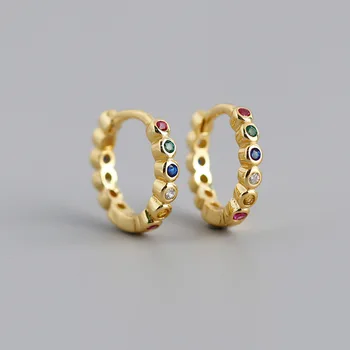 

8.5mm 18k gold Authentic 925 Sterling silver Gold /White Colored Zircon aaa+ round Hoop Huggie Earrings Fine jEWELRY TLE1104