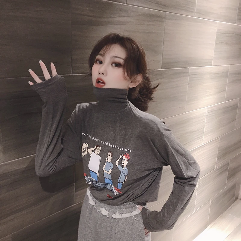Korobov Harajuku, рисунок персонажа, зимняя Базовая женская футболка, Корейская Водолазка с длинным рукавом, уличная футболка, 79177