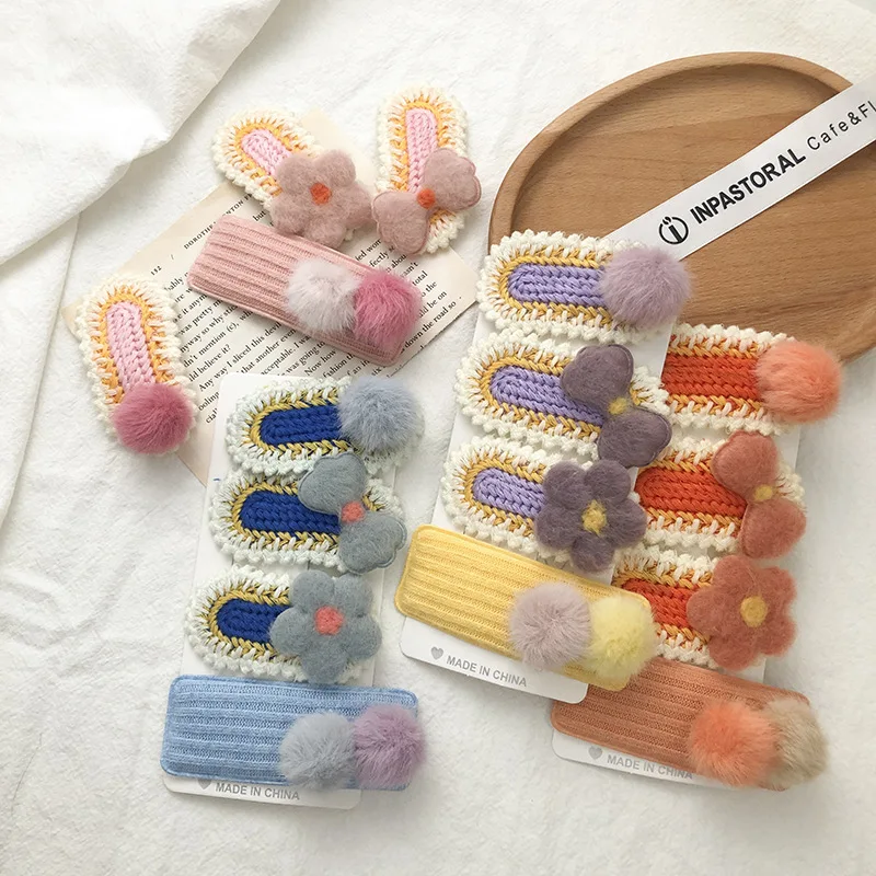 

4PCS/Set Handmade New Girls Cute Plush Ball Bow Flower Knitting Hair Clips Sweet Headband Hairpin Fashion Hair Accessories