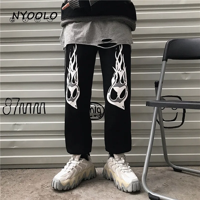 NYOOLO Harajuku уличная одежда с принтом пламени плюс бархатные теплые штаны для бега осень зима эластичный пояс хип-хоп шаровары для женщин и мужчин