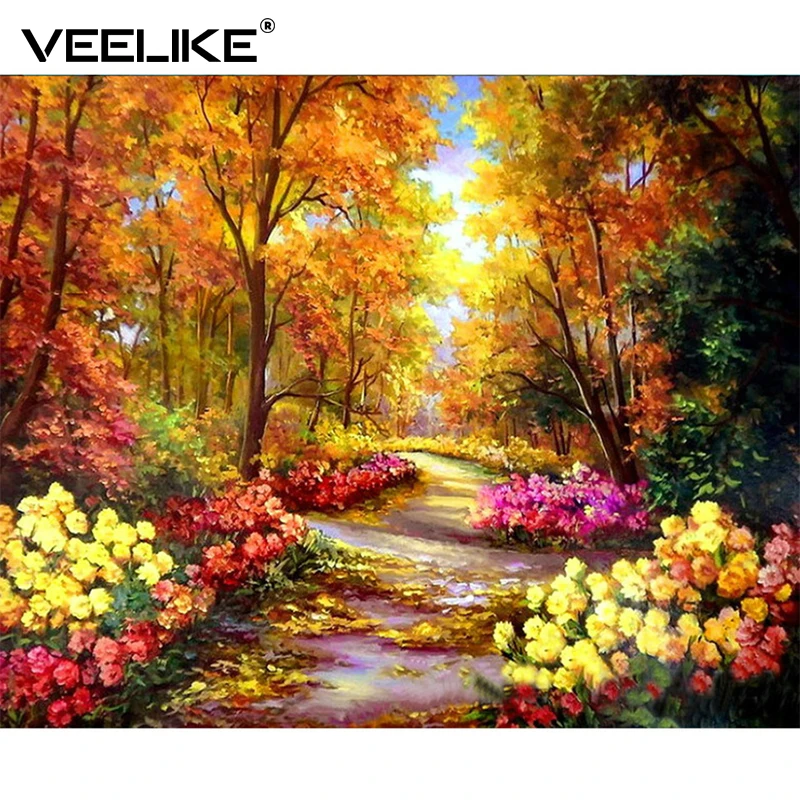 

Flower Path Landscape Poster Vintage Oil Painting by Numbers Hand Painted Canvas Painting Wall Pictures for Living Room Wall Art