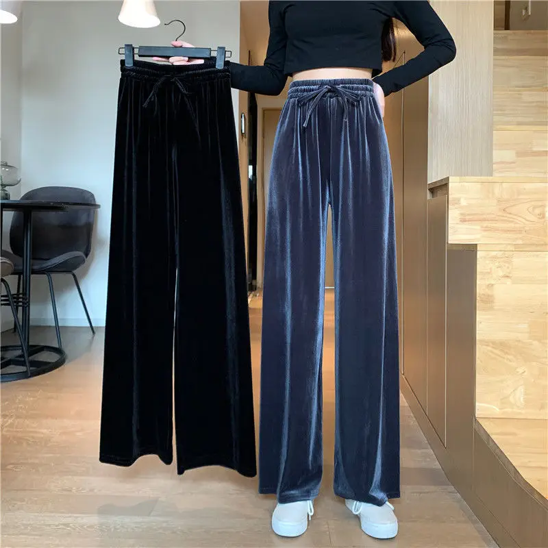 

Wide Leg Pants Women Pure Black Lace-up Korean Style Loose Leisure High Waists Female Spring Long Daily Trousers Streetwear Fall