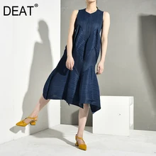 DEAT плиссированные стильные летние винтажные женские платья с круглым вырезом без рукавов плиссированные длинные платья-пуловеры Свободные WG68801