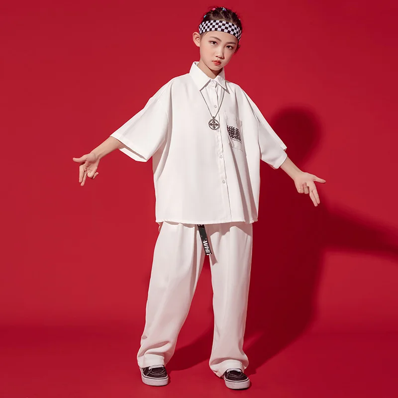 Kid Kpop Hip Hop Clothing White Oversized Shirt Top Short Sleeve Loose Streetwear Baggy Pants for Girl Boy Dance Costume Clothes