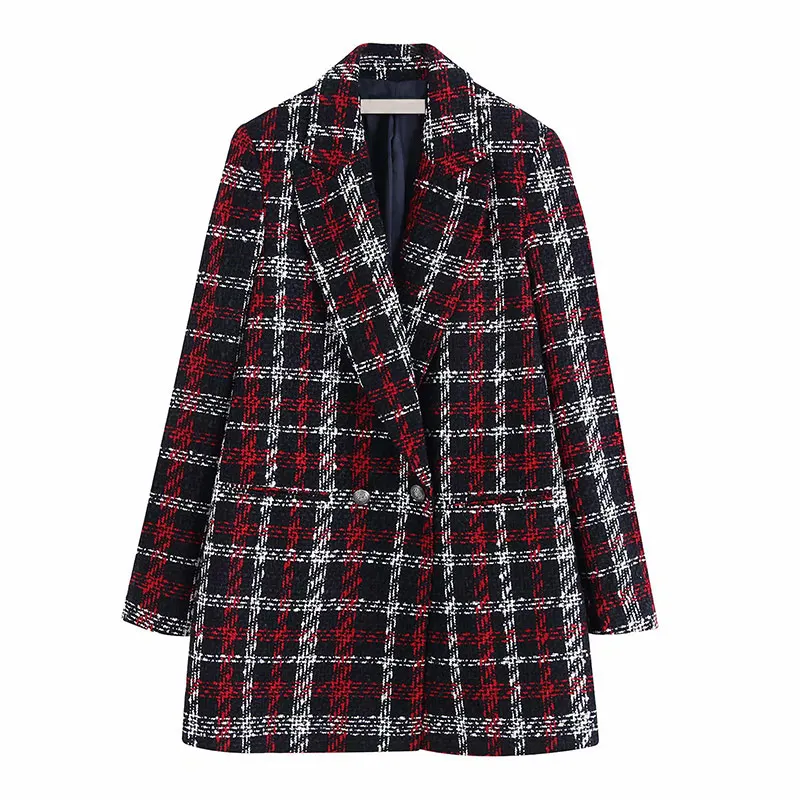 Red Plaid Printed Blazer Vintage Women Winter Warm Jacket Elegant Double Breasted Suit Blazer Ladies Outerwear Wool Blend Coat - Цвет: Red